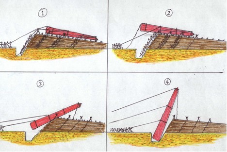 The use of pyramid building techniques to erect an obelisk